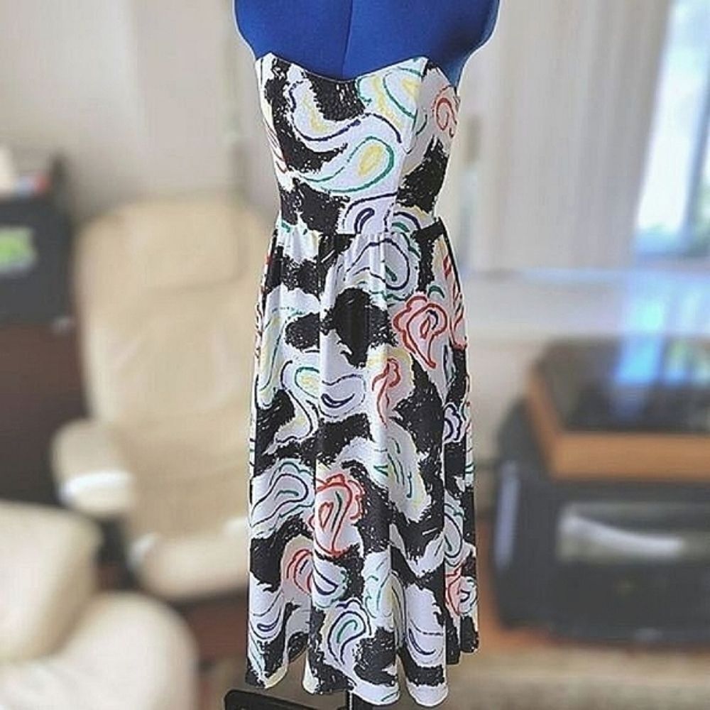 Vtg strapless bustier abstract print a-line maxi dress